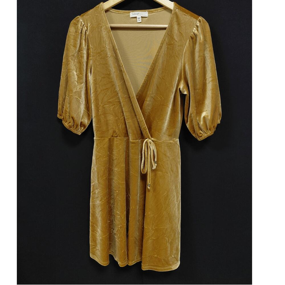 bebop Gold Wrap Dress Solid Knit Short 3/4 Sleeve Women Size L